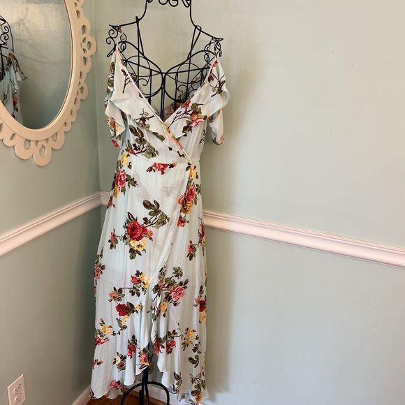 Onetheland Cottagecore Feminine Mint Green Gloral Dress Cold Shoulder Prairie S - Picture 1 of 5